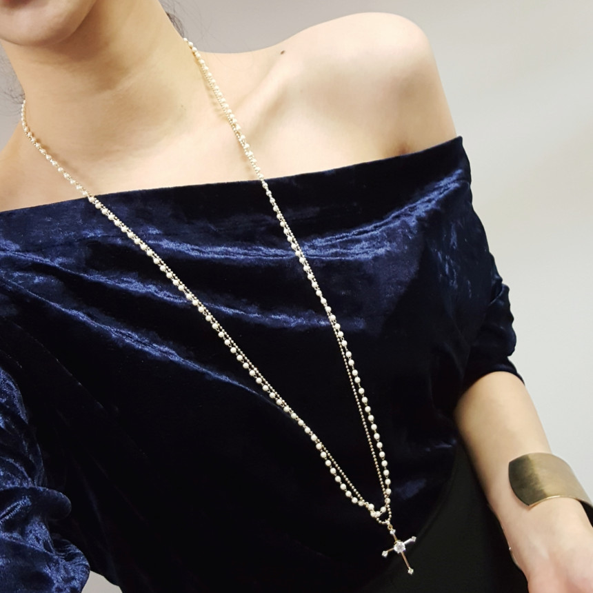Cross long necklace Long necklace layered Long pea