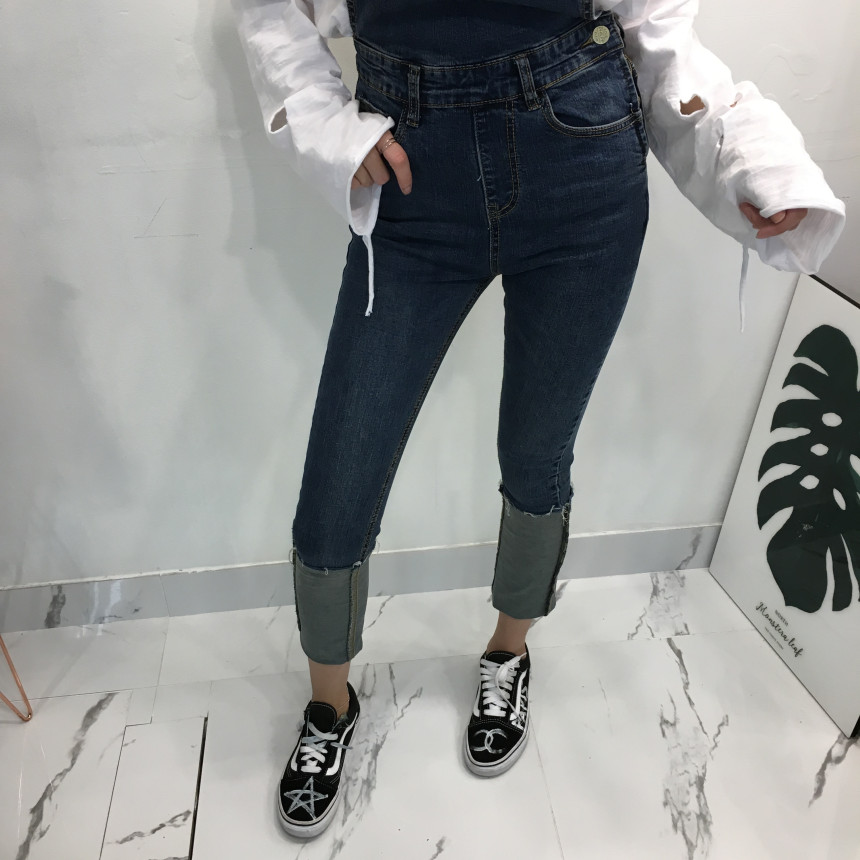 Women Jeans Pants denim roll-up suspenders pants j