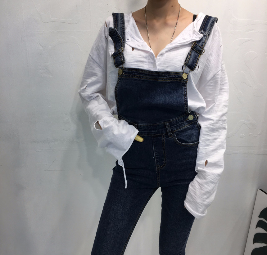 Women Jeans Pants denim roll-up suspenders pants j
