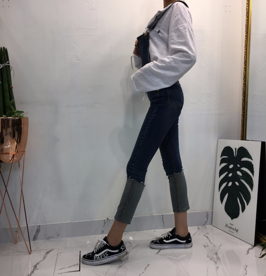 Women Jeans Pants denim roll-up suspenders pants j