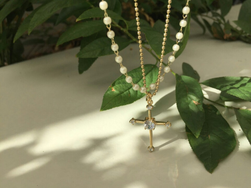 Cross long necklace Long necklace layered Long pea