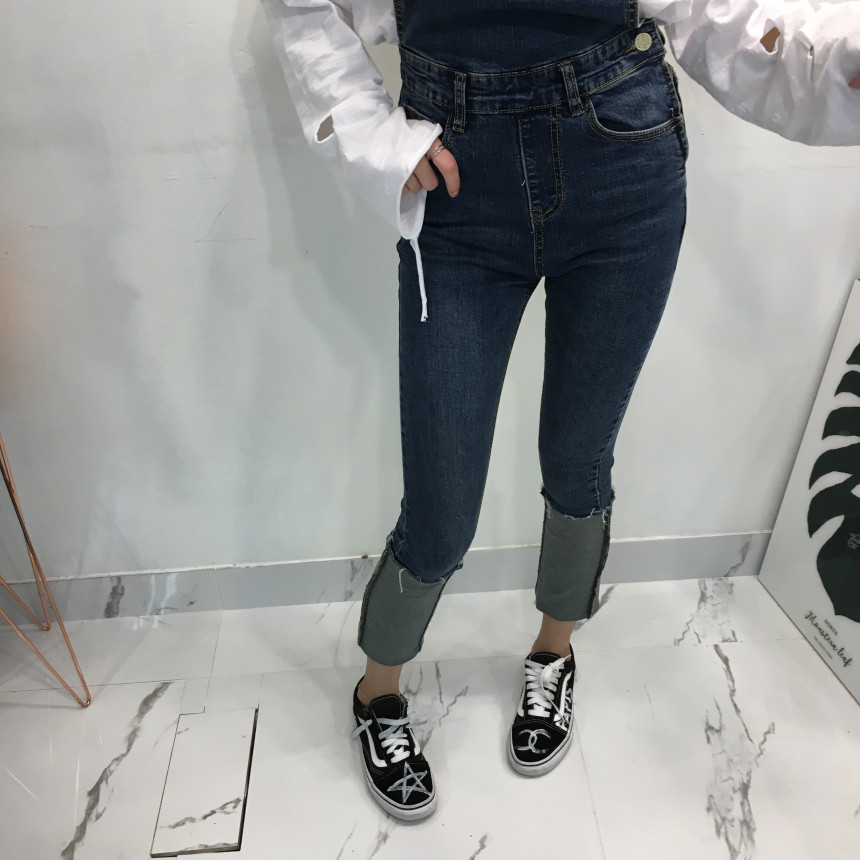 Women Jeans Pants denim roll-up suspenders pants j
