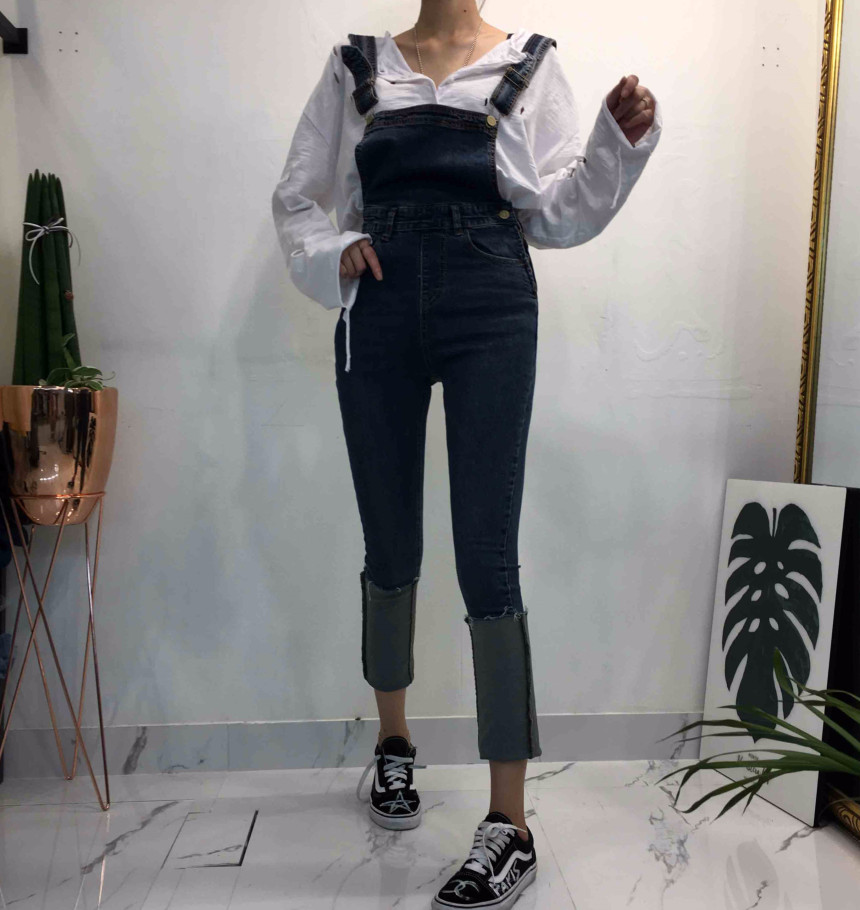 Women Jeans Pants denim roll-up suspenders pants j