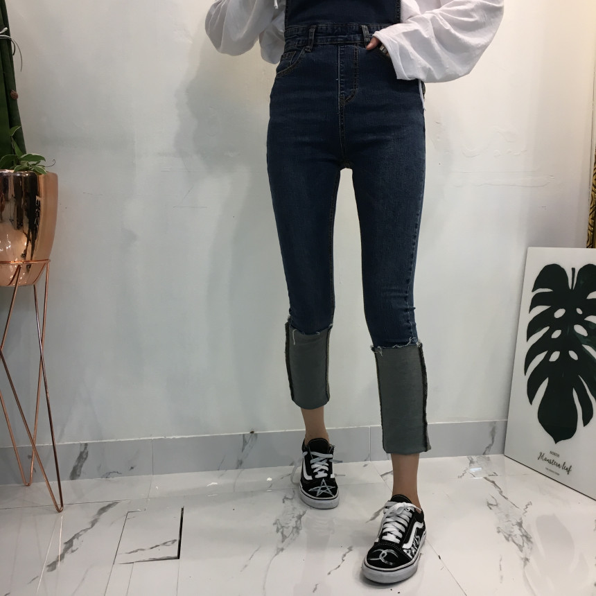 Women Jeans Pants denim roll-up suspenders pants j