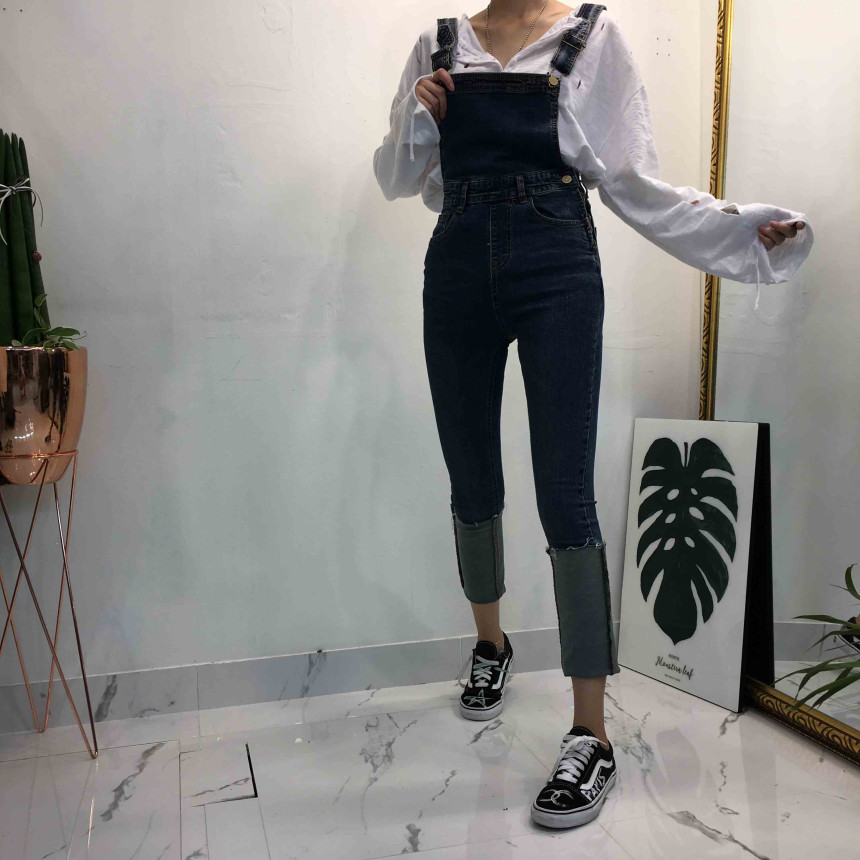 Women Jeans Pants denim roll-up suspenders pants j