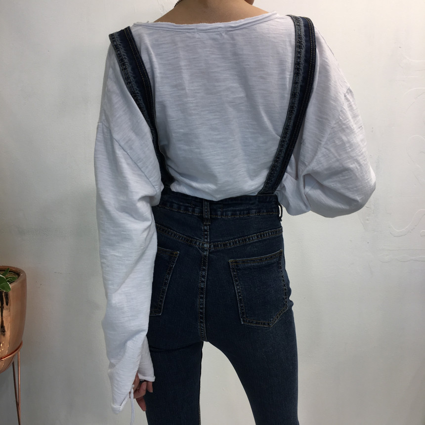 Women Jeans Pants denim roll-up suspenders pants j