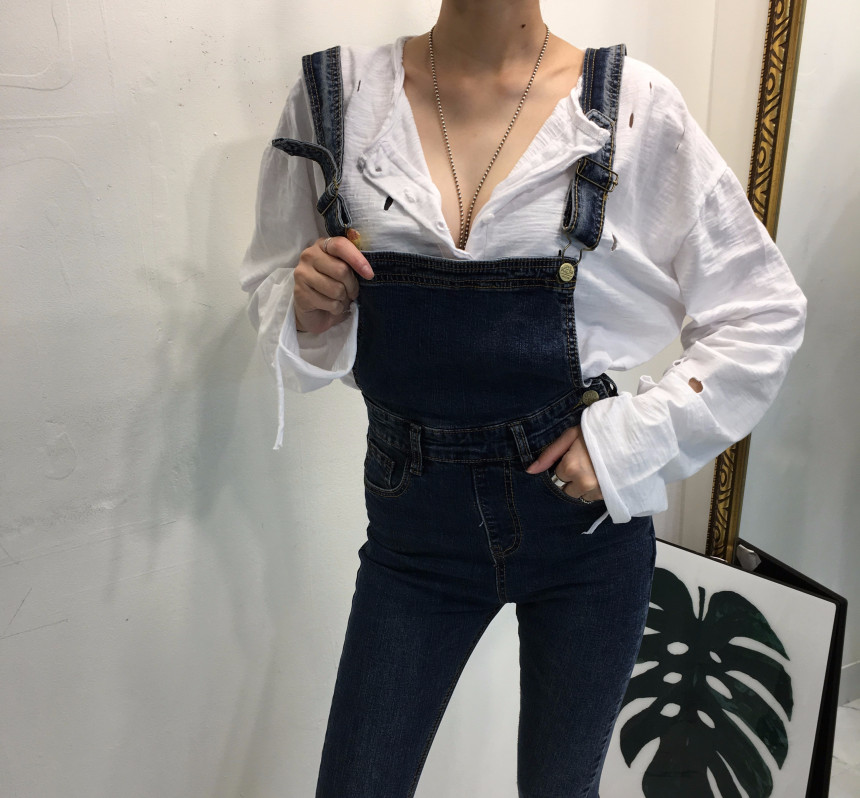 Women Jeans Pants denim roll-up suspenders pants j