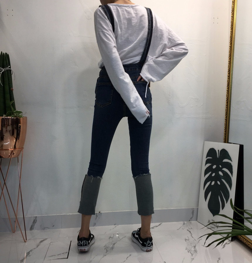 Women Jeans Pants denim roll-up suspenders pants j