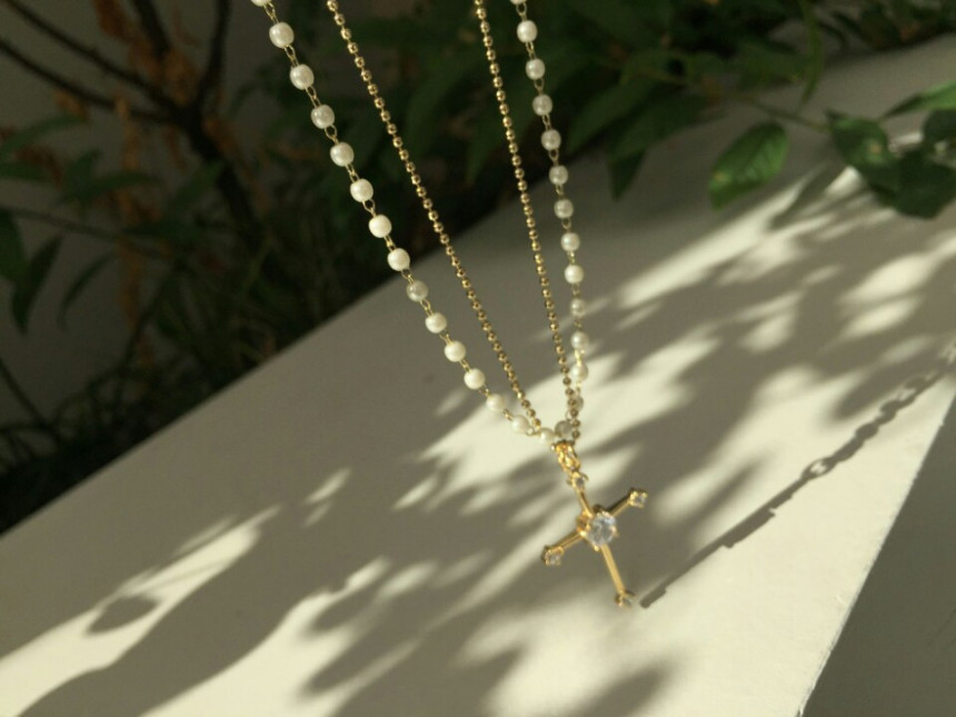 Cross long necklace Long necklace layered Long pea