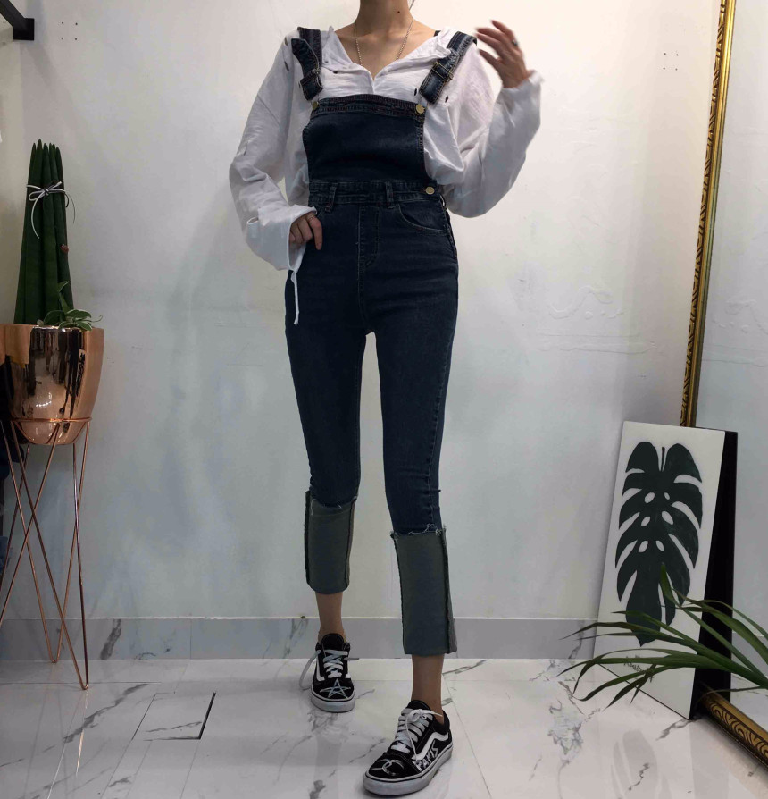 Women Jeans Pants denim roll-up suspenders pants j
