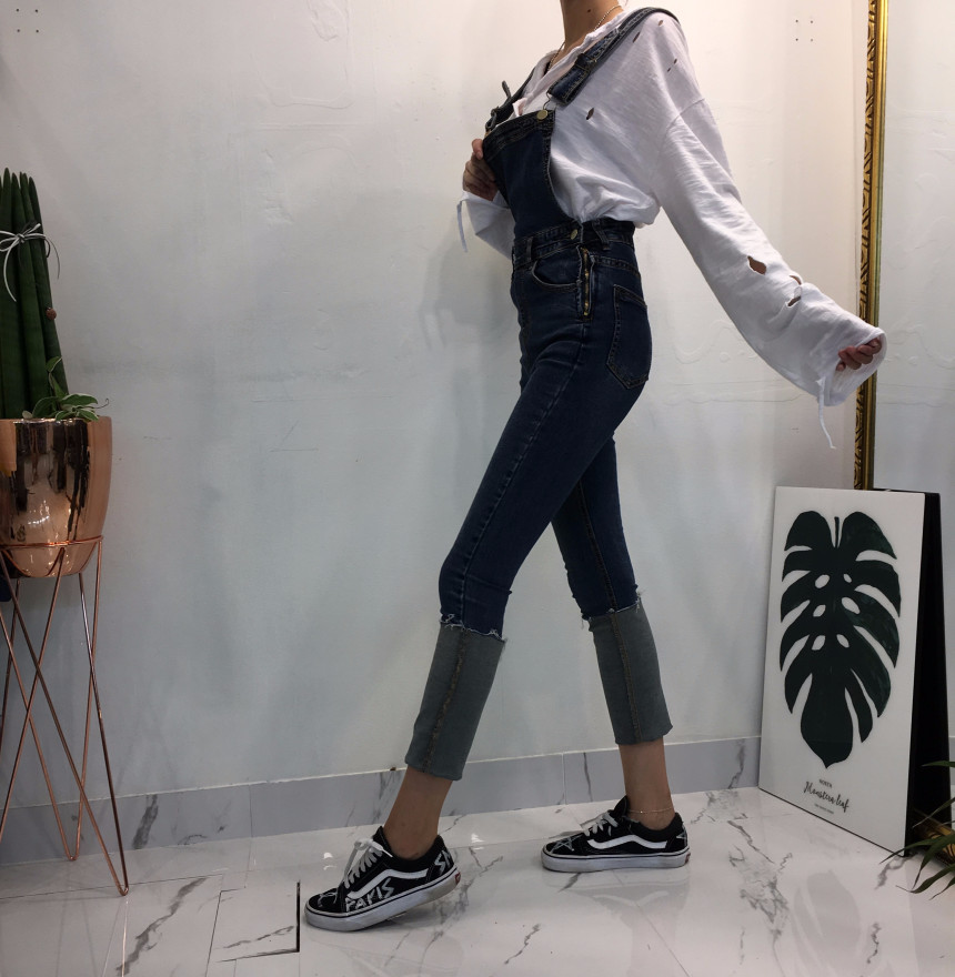 Women Jeans Pants denim roll-up suspenders pants j