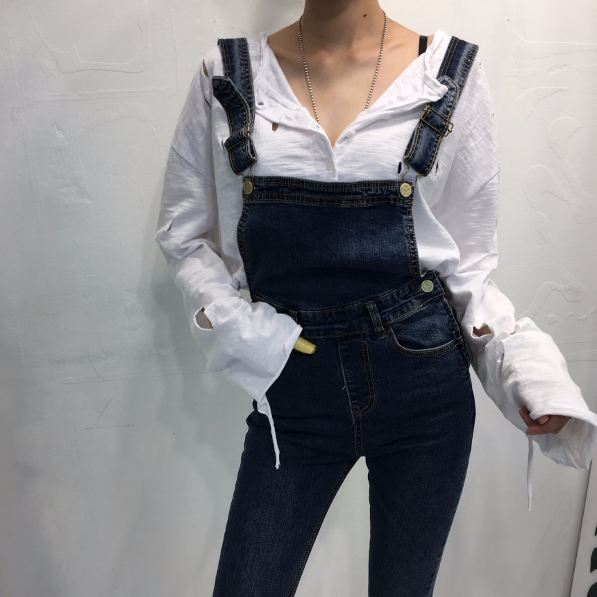 Women Jeans Pants denim roll-up suspenders pants j