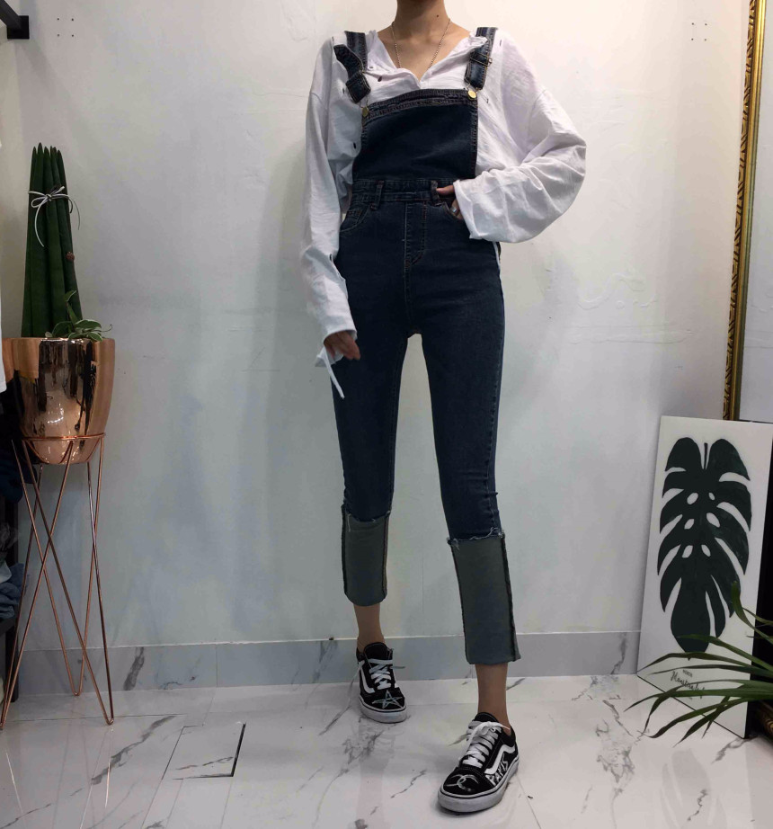 Women Jeans Pants denim roll-up suspenders pants j