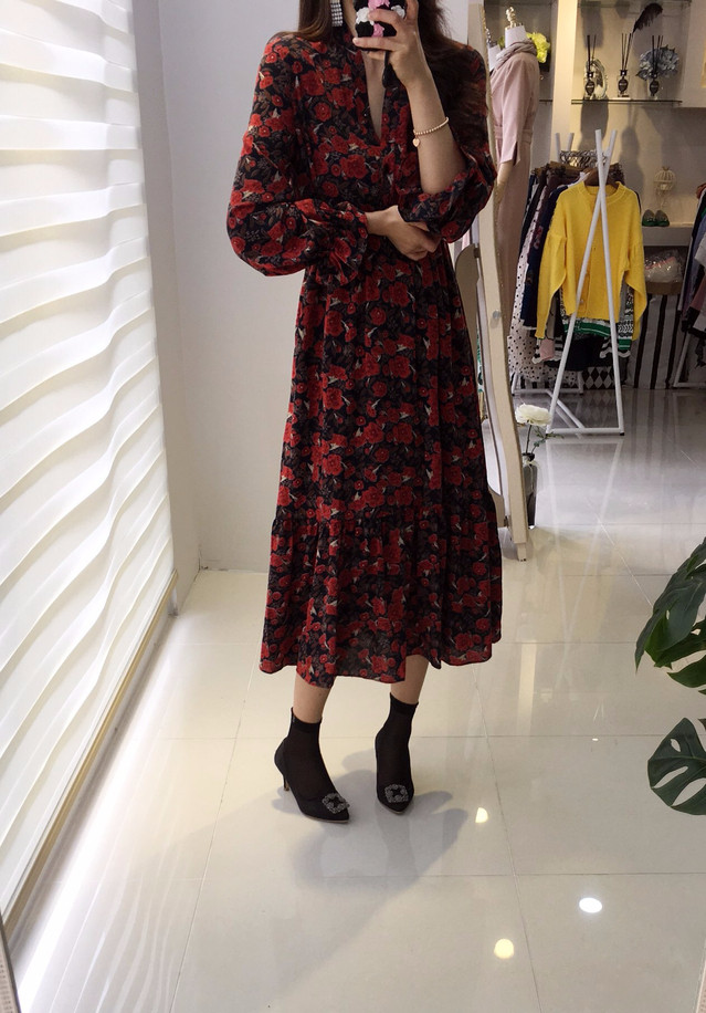 New Women Dress Flower Frill Long Dress Elegant Ch