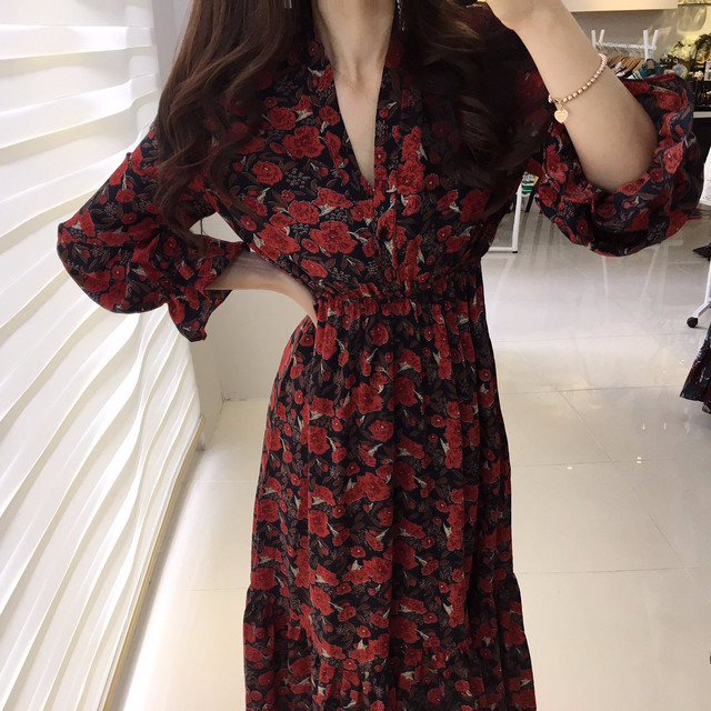 New Women Dress Flower Frill Long Dress Elegant Ch