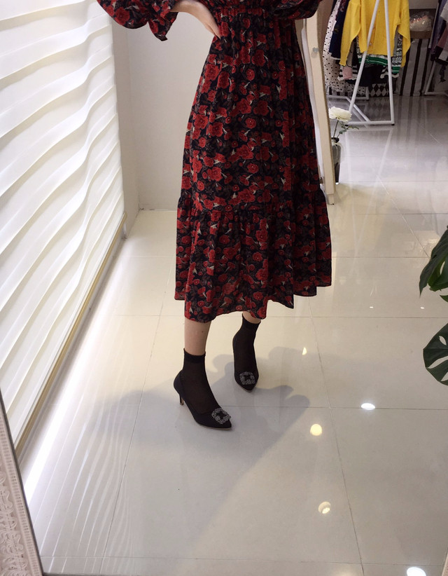 New Women Dress Flower Frill Long Dress Elegant Ch