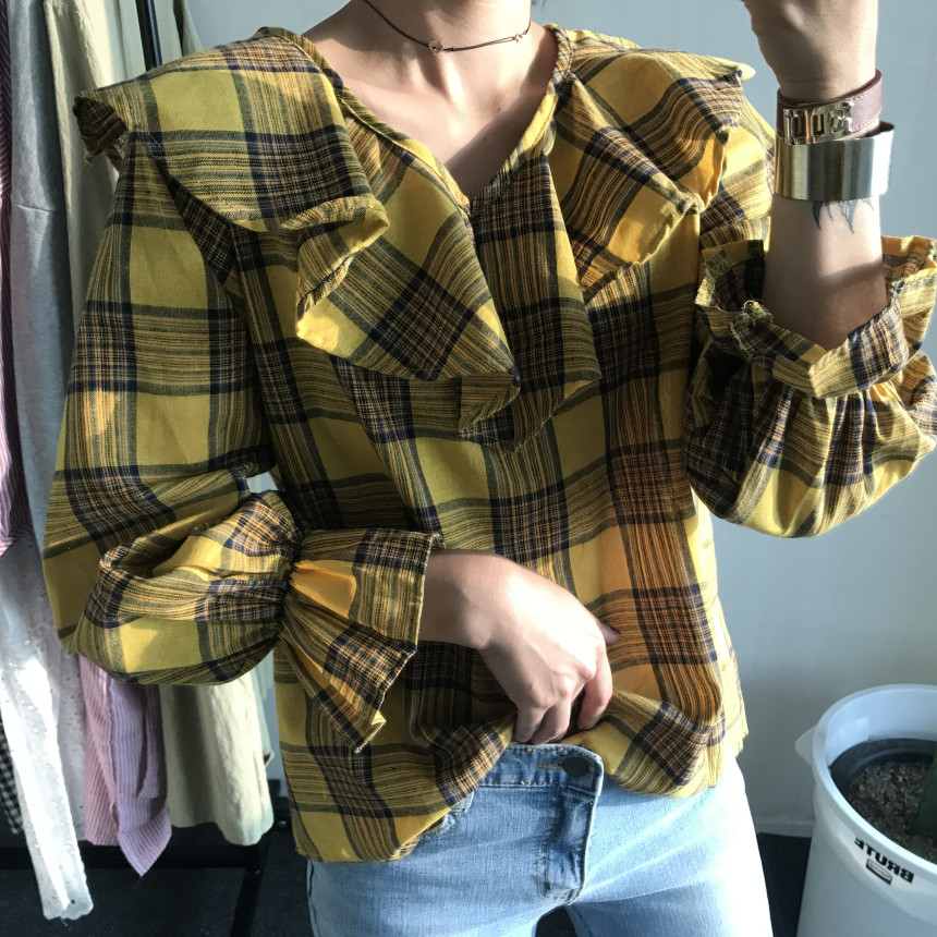 Women Blouses Checkup Ruffle Blouse