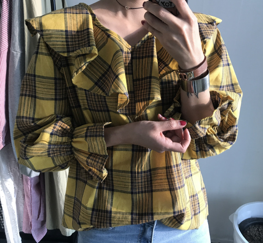 Women Blouses Checkup Ruffle Blouse