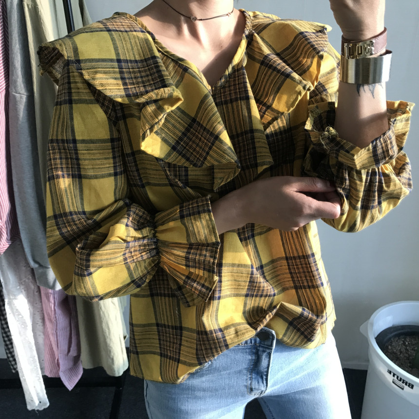Women Blouses Checkup Ruffle Blouse