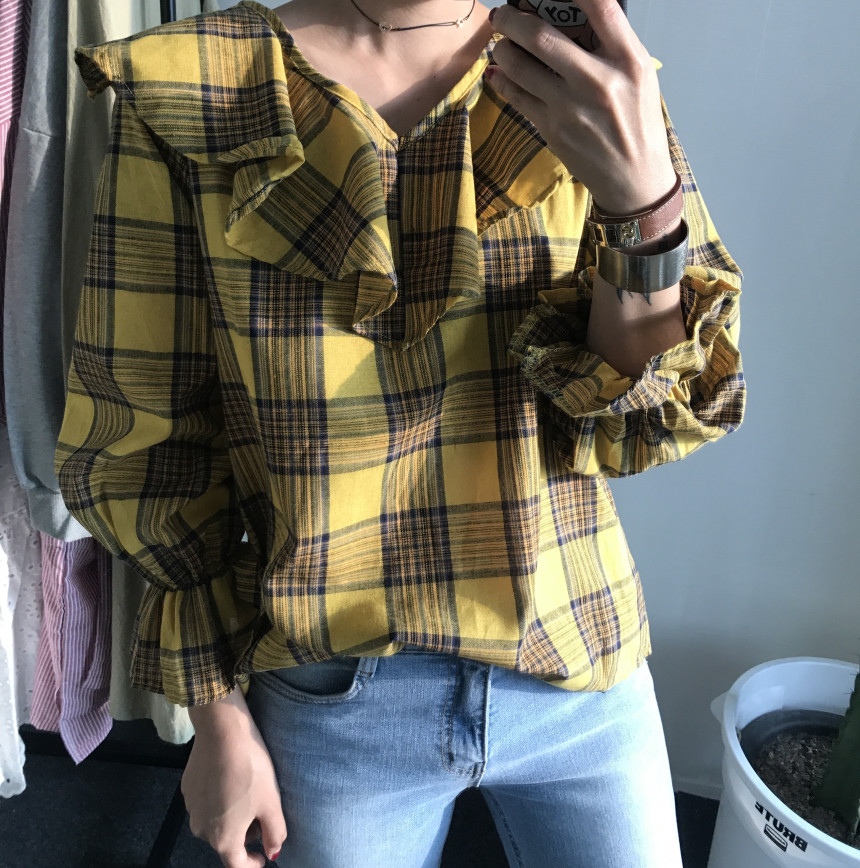 Women Blouses Checkup Ruffle Blouse