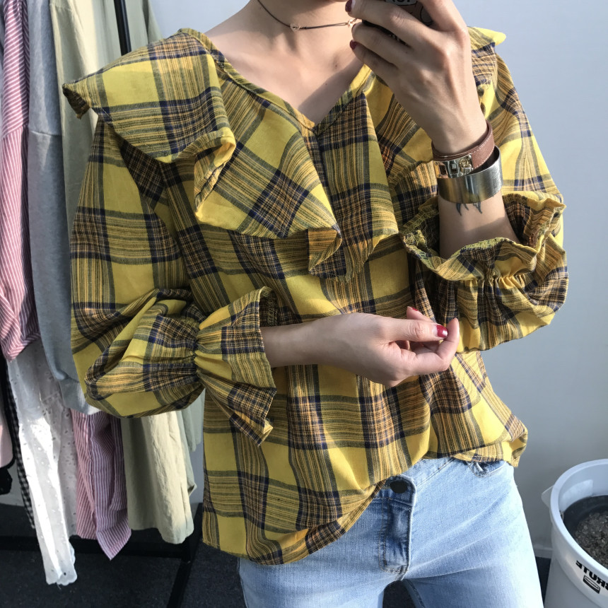 Women Blouses Checkup Ruffle Blouse