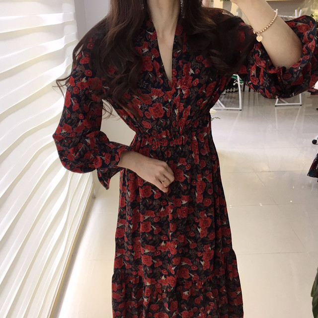 New Women Dress Flower Frill Long Dress Elegant Ch