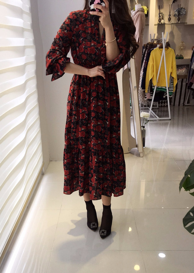New Women Dress Flower Frill Long Dress Elegant Ch