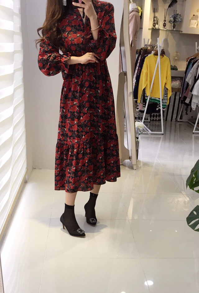 New Women Dress Flower Frill Long Dress Elegant Ch