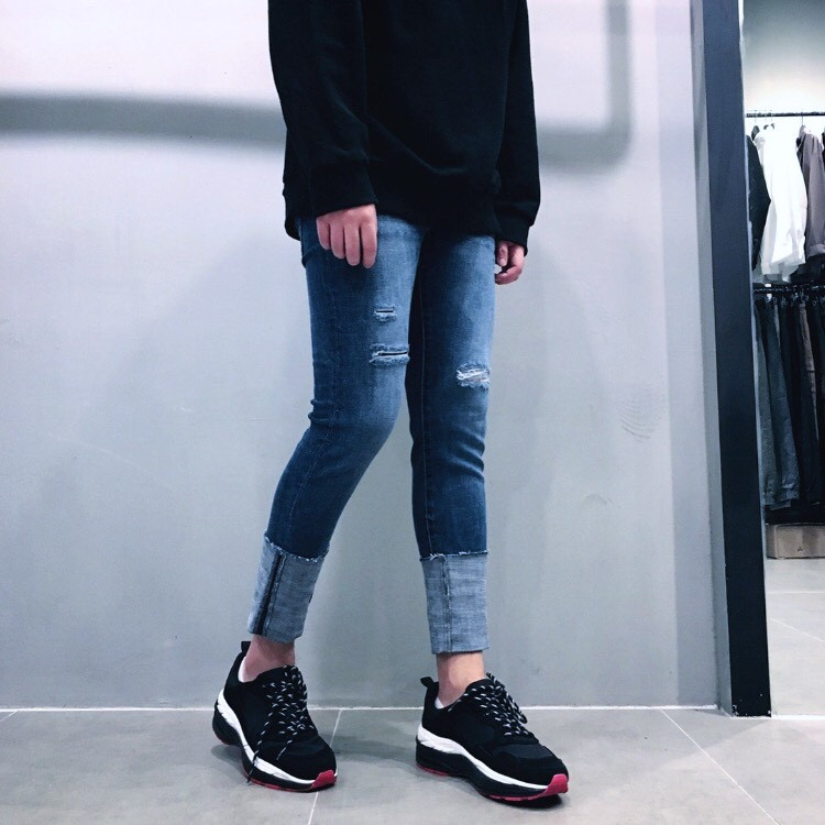 Korea Jeans Pants Part 9 Roll-up Damage Span Cutti