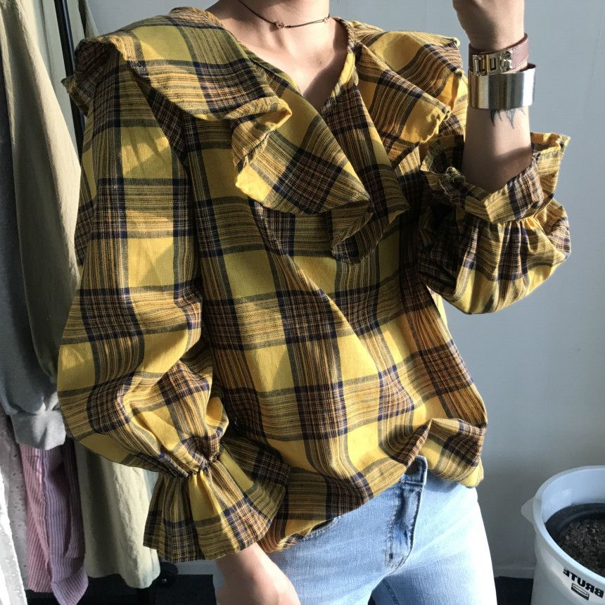 Women Blouses Checkup Ruffle Blouse