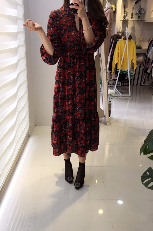 New Women Dress Flower Frill Long Dress Elegant Ch