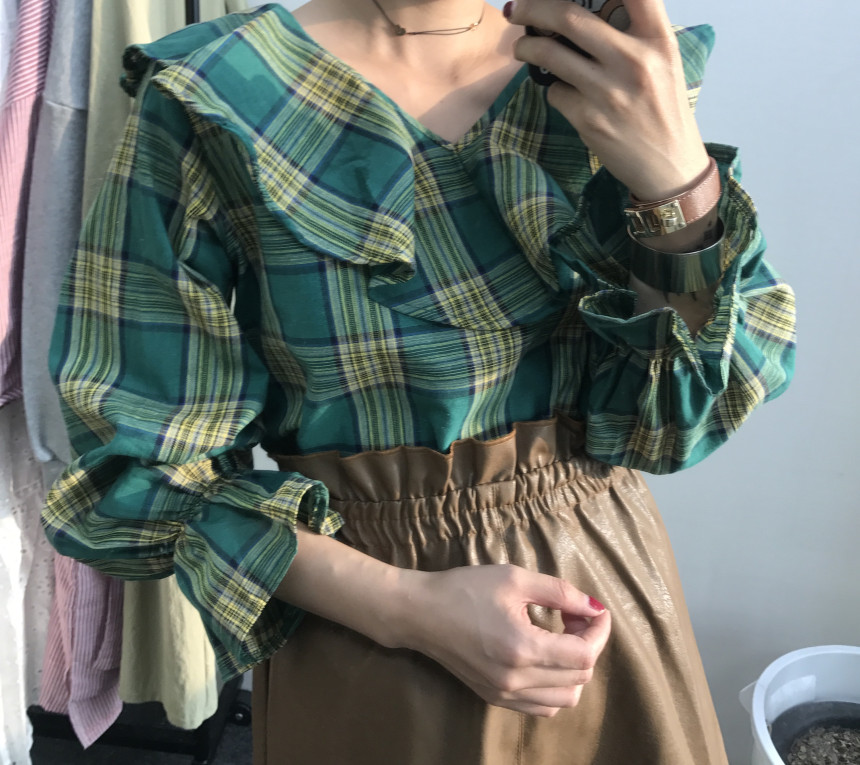 Women Blouses Checkup Ruffle Blouse
