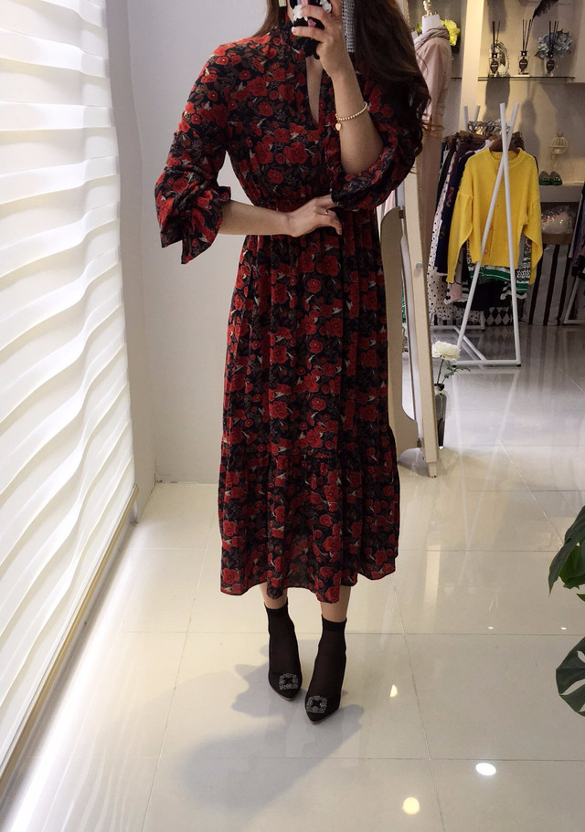 New Women Dress Flower Frill Long Dress Elegant Ch