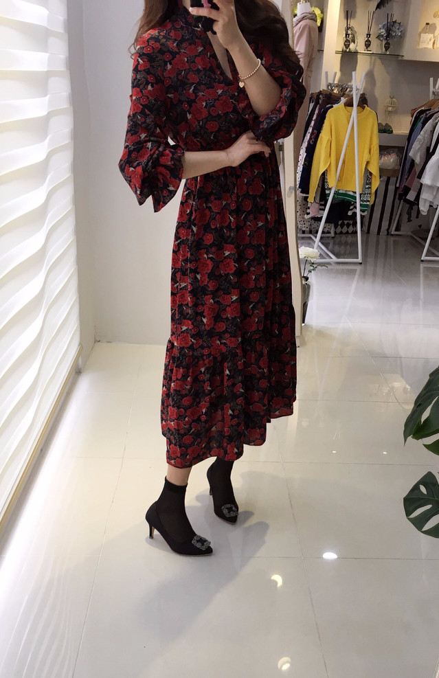 New Women Dress Flower Frill Long Dress Elegant Ch