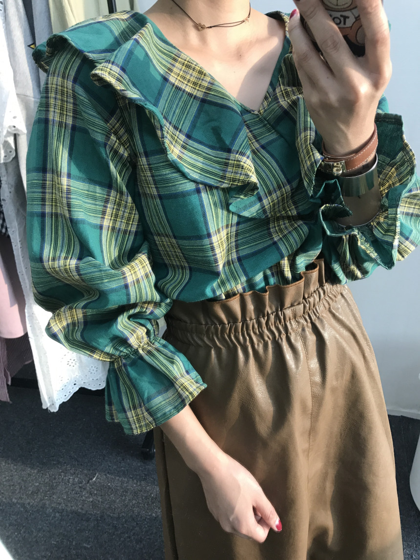 Women Blouses Checkup Ruffle Blouse