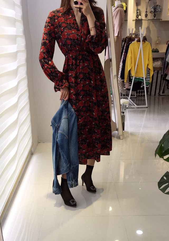 New Women Dress Flower Frill Long Dress Elegant Ch