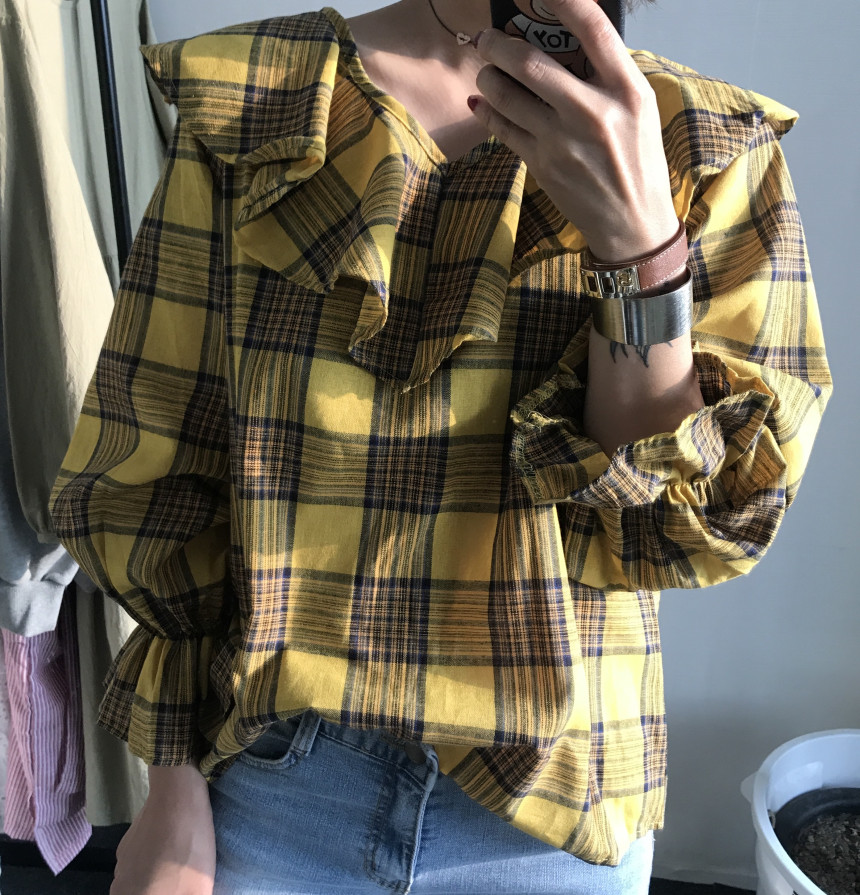 Women Blouses Checkup Ruffle Blouse
