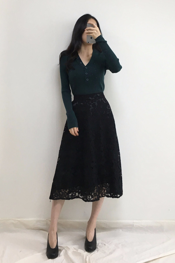 Lace Flare Long Skirt Autumn Bending Pleat A Line 