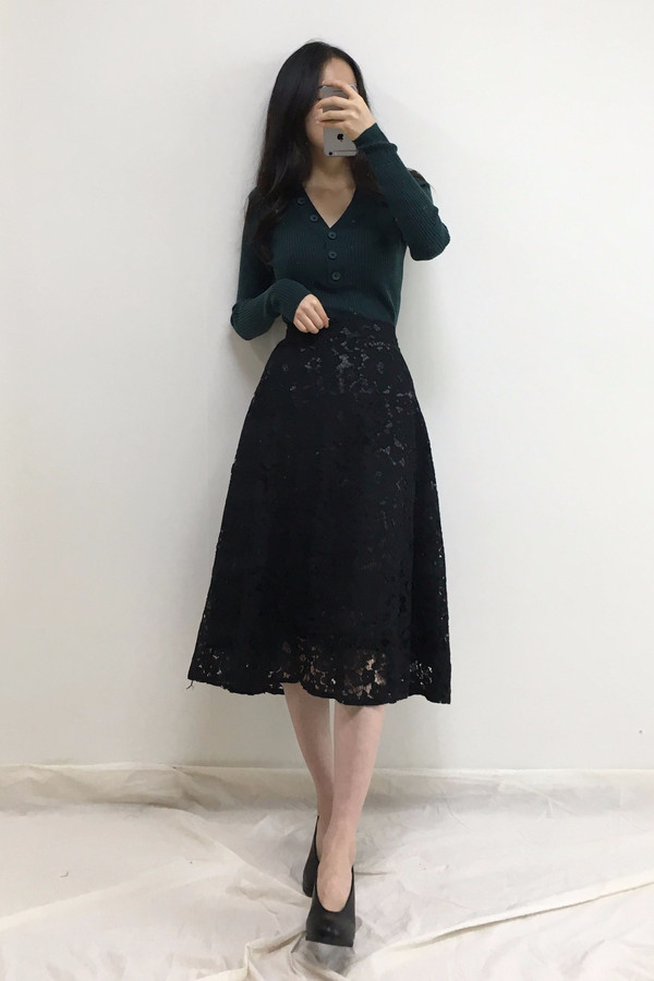 Lace Flare Long Skirt Autumn Bending Pleat A Line 