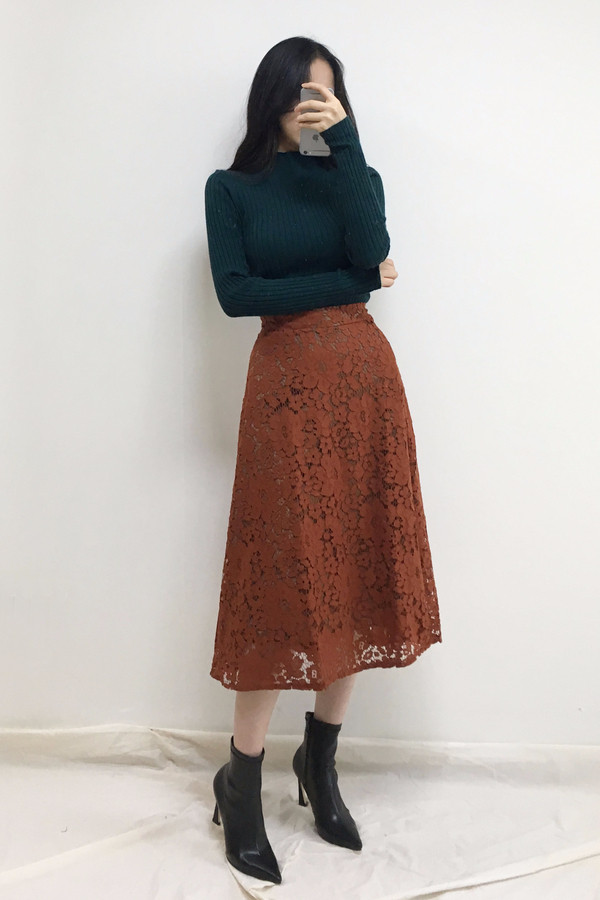 Lace Flare Long Skirt Autumn Bending Pleat A Line 