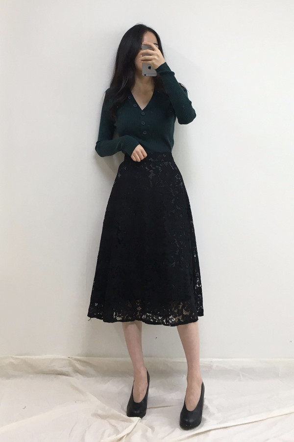 Lace Flare Long Skirt Autumn Bending Pleat A Line 