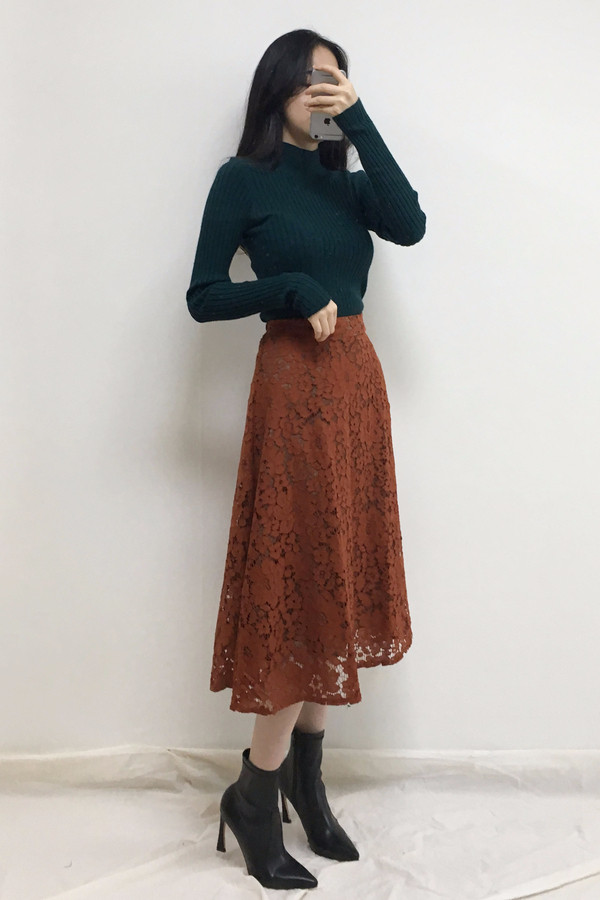 Lace Flare Long Skirt Autumn Bending Pleat A Line 
