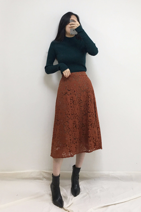 Lace Flare Long Skirt Autumn Bending Pleat A Line 