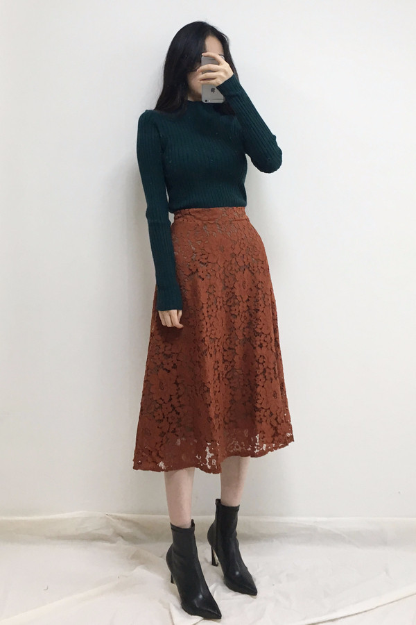 Lace Flare Long Skirt Autumn Bending Pleat A Line 