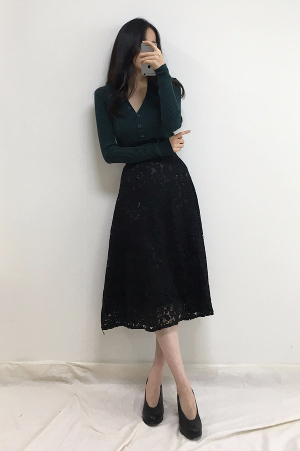Lace Flare Long Skirt Autumn Bending Pleat A Line 