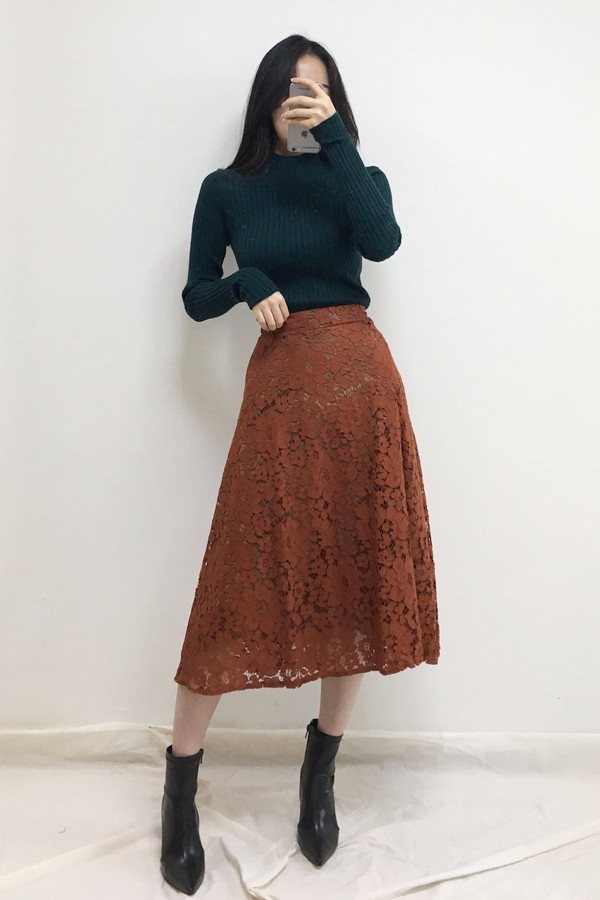 Lace Flare Long Skirt Autumn Bending Pleat A Line 