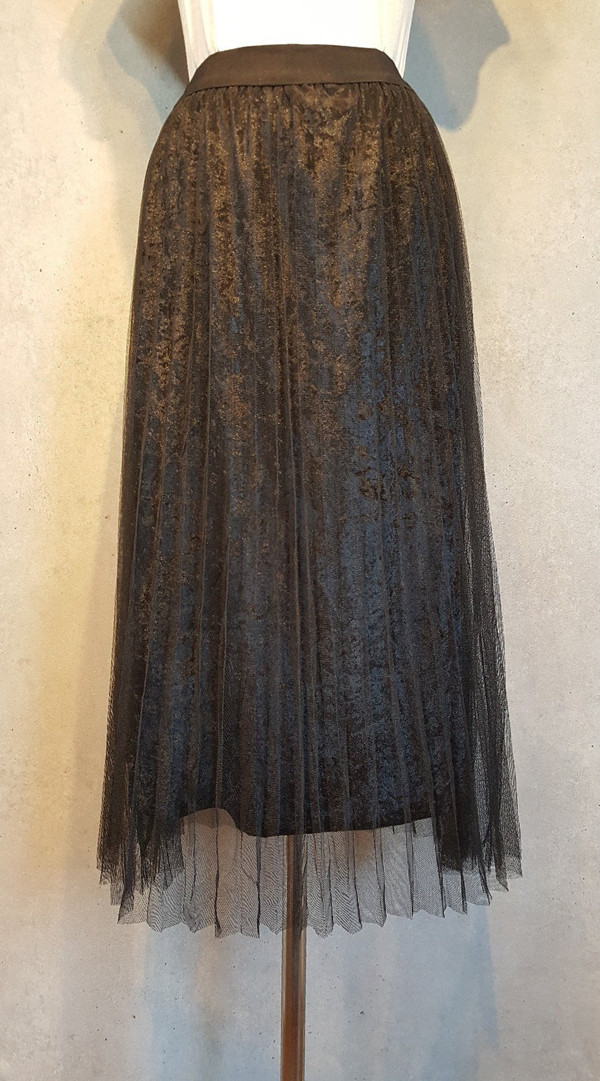 Mesh velvet Pleated bands Long skirt Vintage style