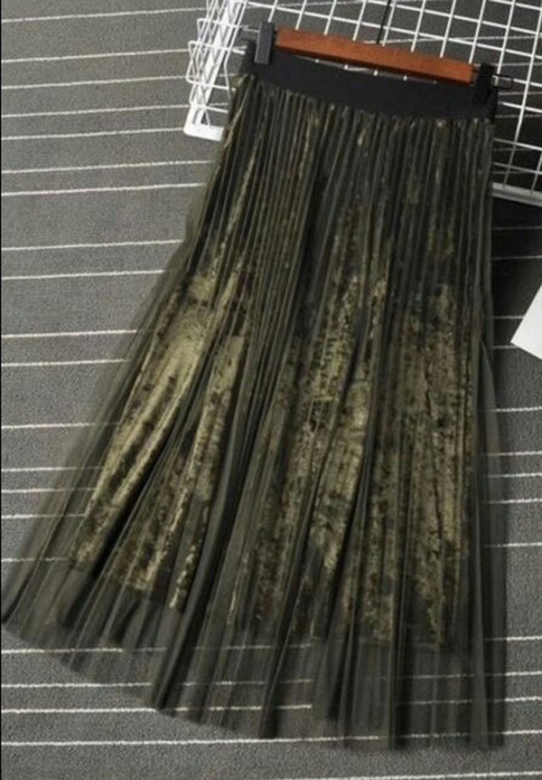 Mesh velvet Pleated bands Long skirt Vintage style