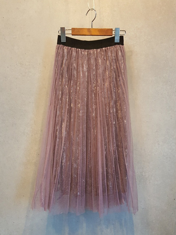 Mesh velvet Pleated bands Long skirt Vintage style