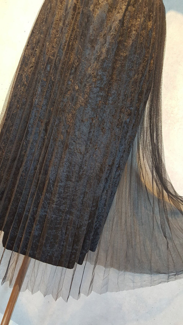 Mesh velvet Pleated bands Long skirt Vintage style